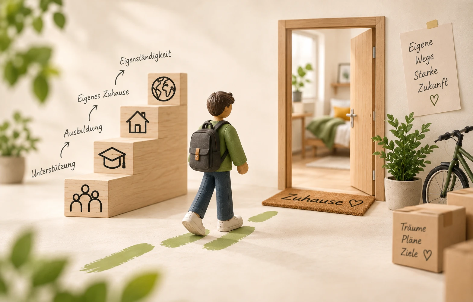 Illustration: Ein junger Mensch mit Rucksack geht über Stufen aus Holzklötzen – Unterstützung, Ausbildung, eigenes Zuhause, Eigenständigkeit – auf die offene Tür einer eigenen Wohnung zu.